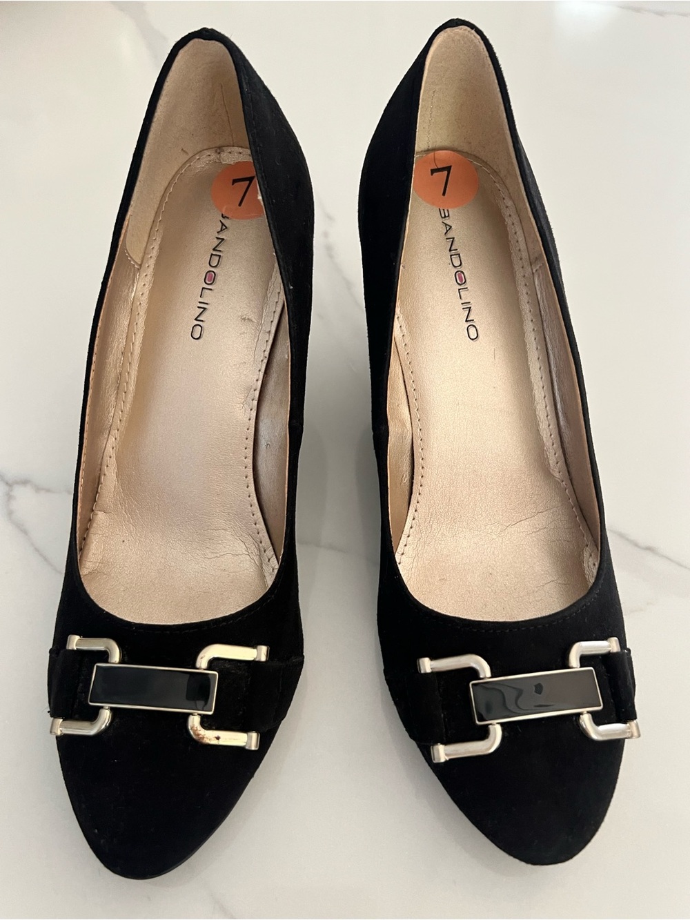 Bandolino Black Suede Wedge with Gold Accent. Size 7